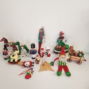 Vintage MCM Wood Christmas Tree Ornaments Lot Odie Santa Mid Century Decor